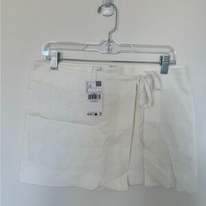 Mango White Linen Wrap-Front Mini Skirt